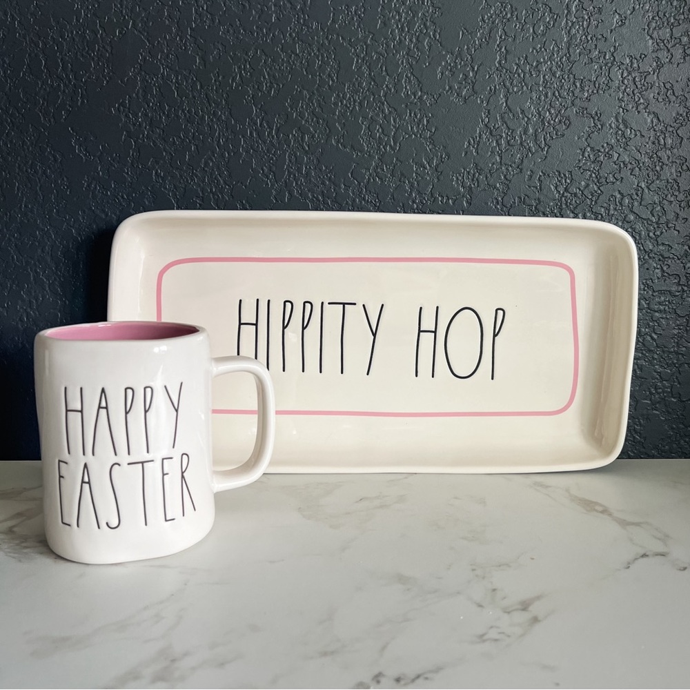 Rae Dunn Artisan Collection by Magenta “HAPPY EASTER” Mug and “HIPPITY HOP” Tray